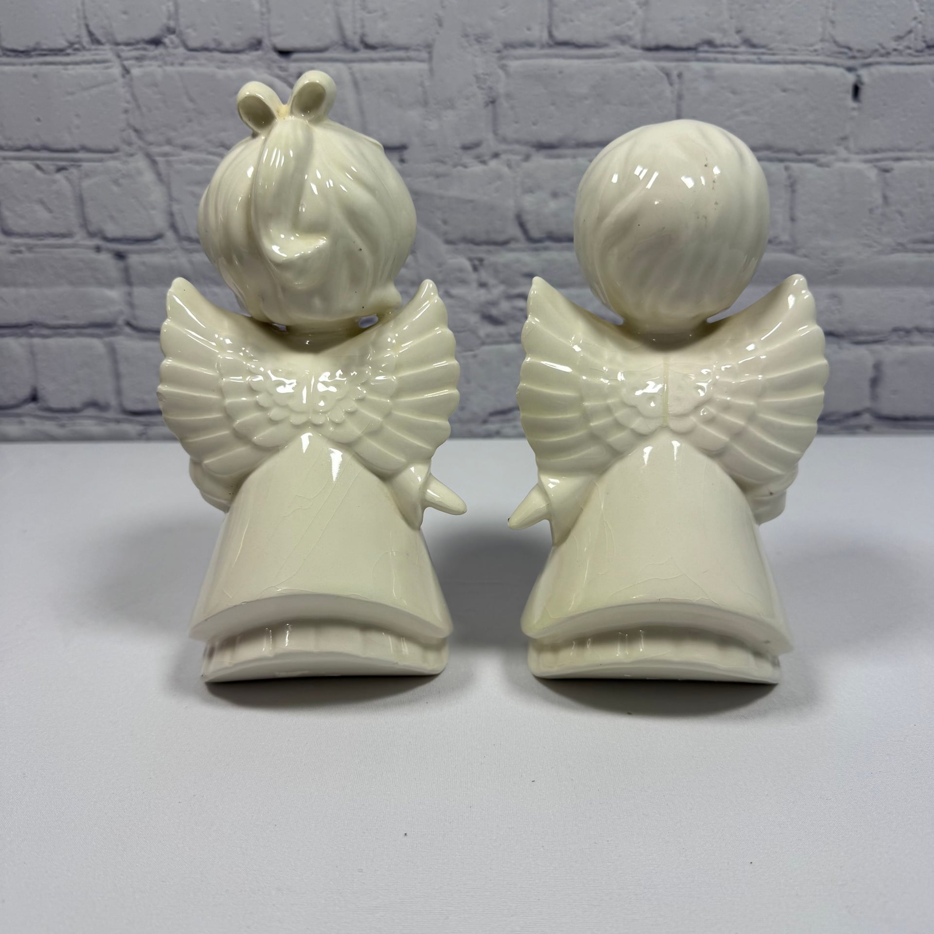 Vintage White Ceramic Kissing Angels Figurines Girl and Boy Set of 2 3