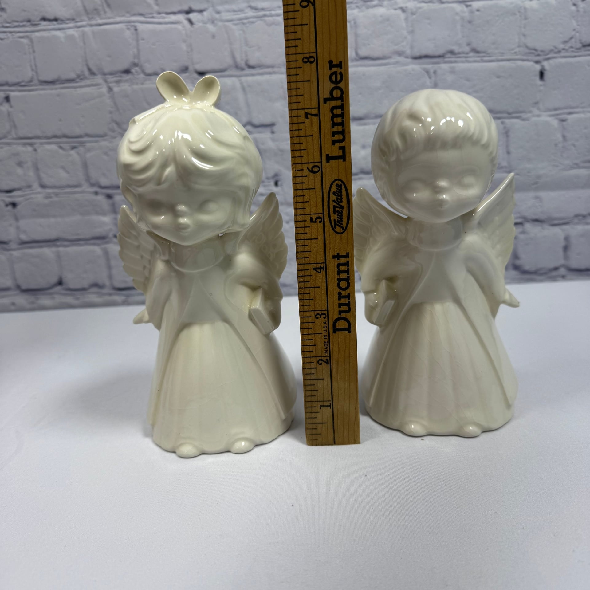 Vintage White Ceramic Kissing Angels Figurines Girl and Boy Set of 2 6