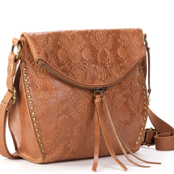 The Sak Silverlake Flap Crossbody Leather Tobacco Floral Embossed Bag