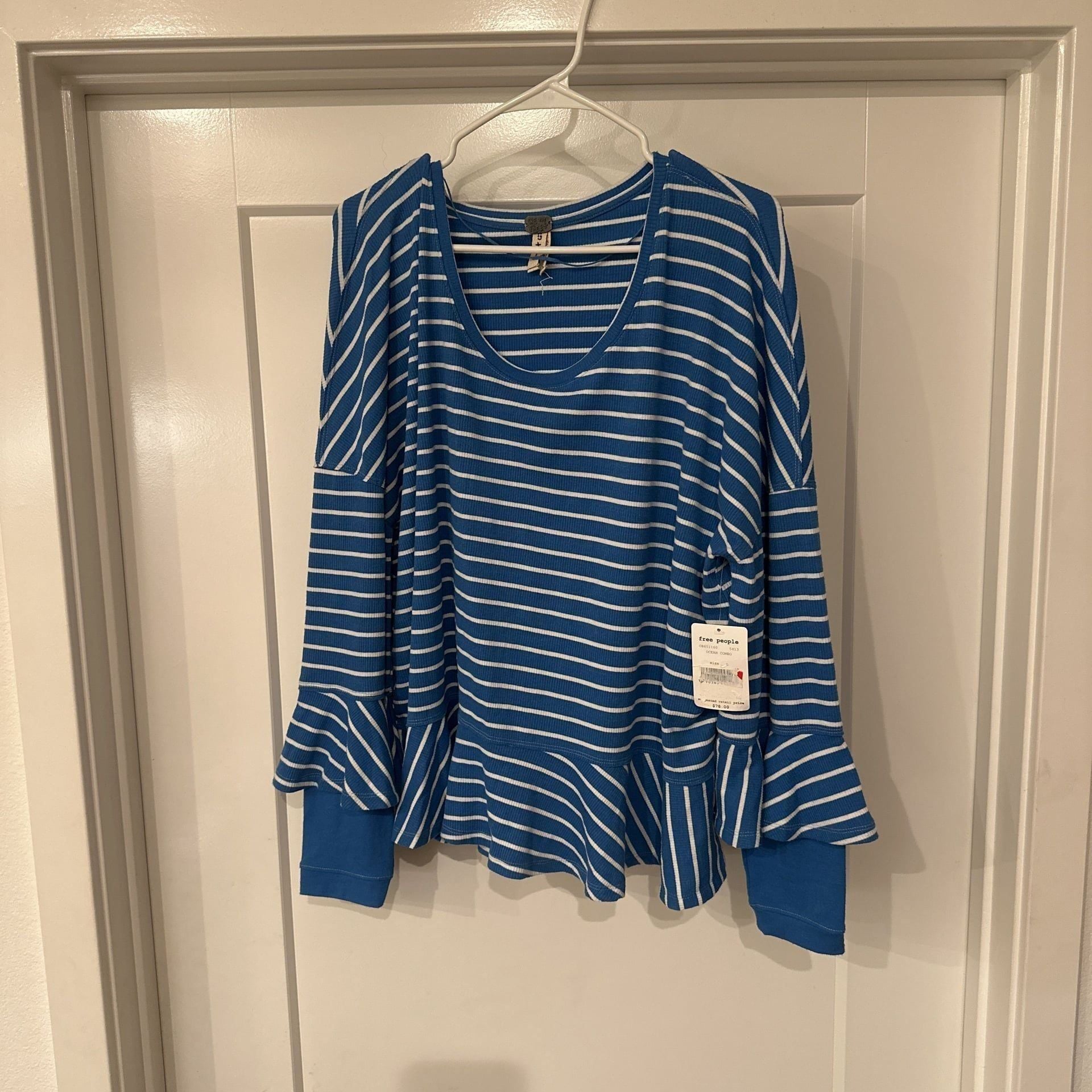 Free People We The Free Striped Sweater Ruffle Bell Sleeve Knit Top Blue White 2
