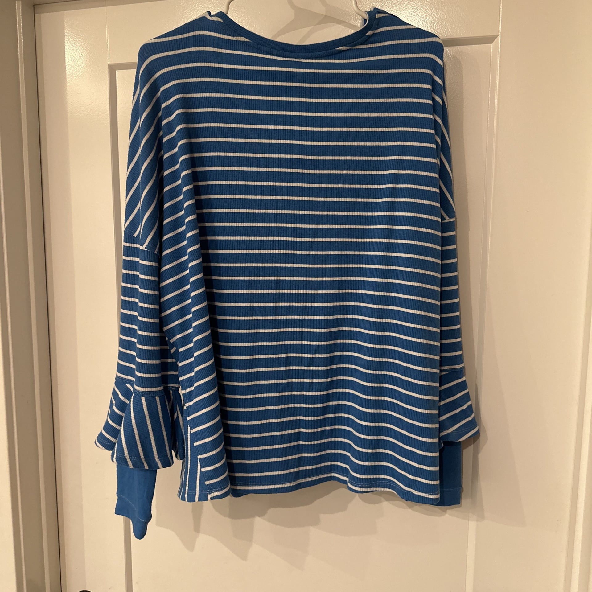 Free People We The Free Striped Sweater Ruffle Bell Sleeve Knit Top Blue White 6
