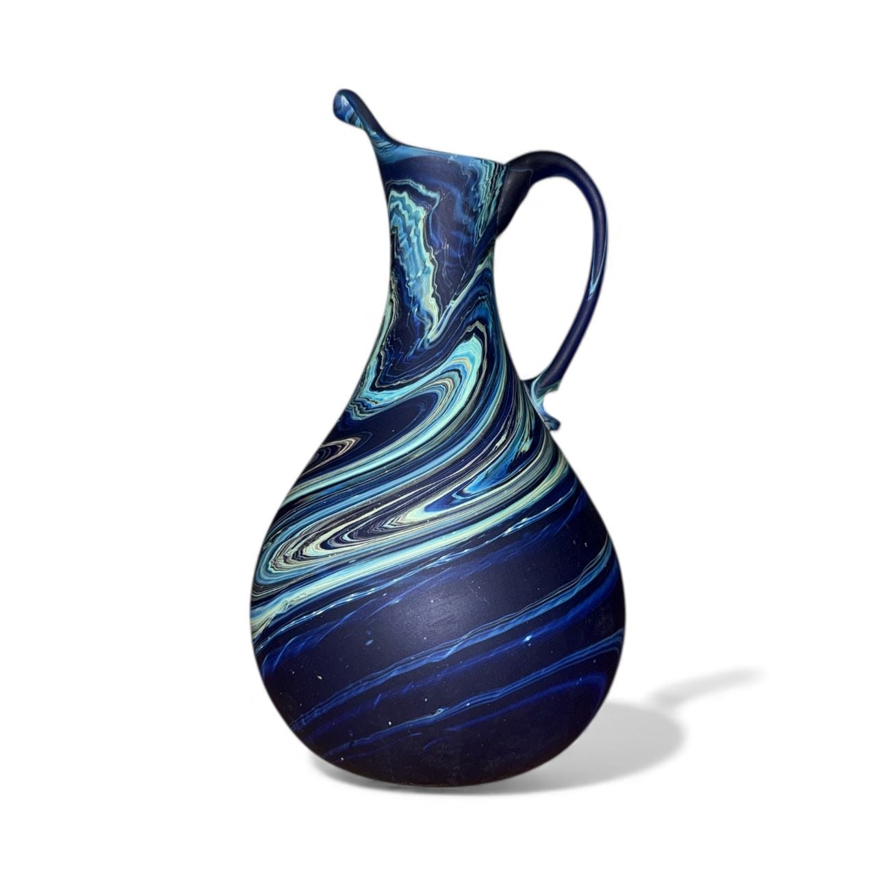 Stunning Blue Swirl Art Glass Pitcher Vase Decorative 1