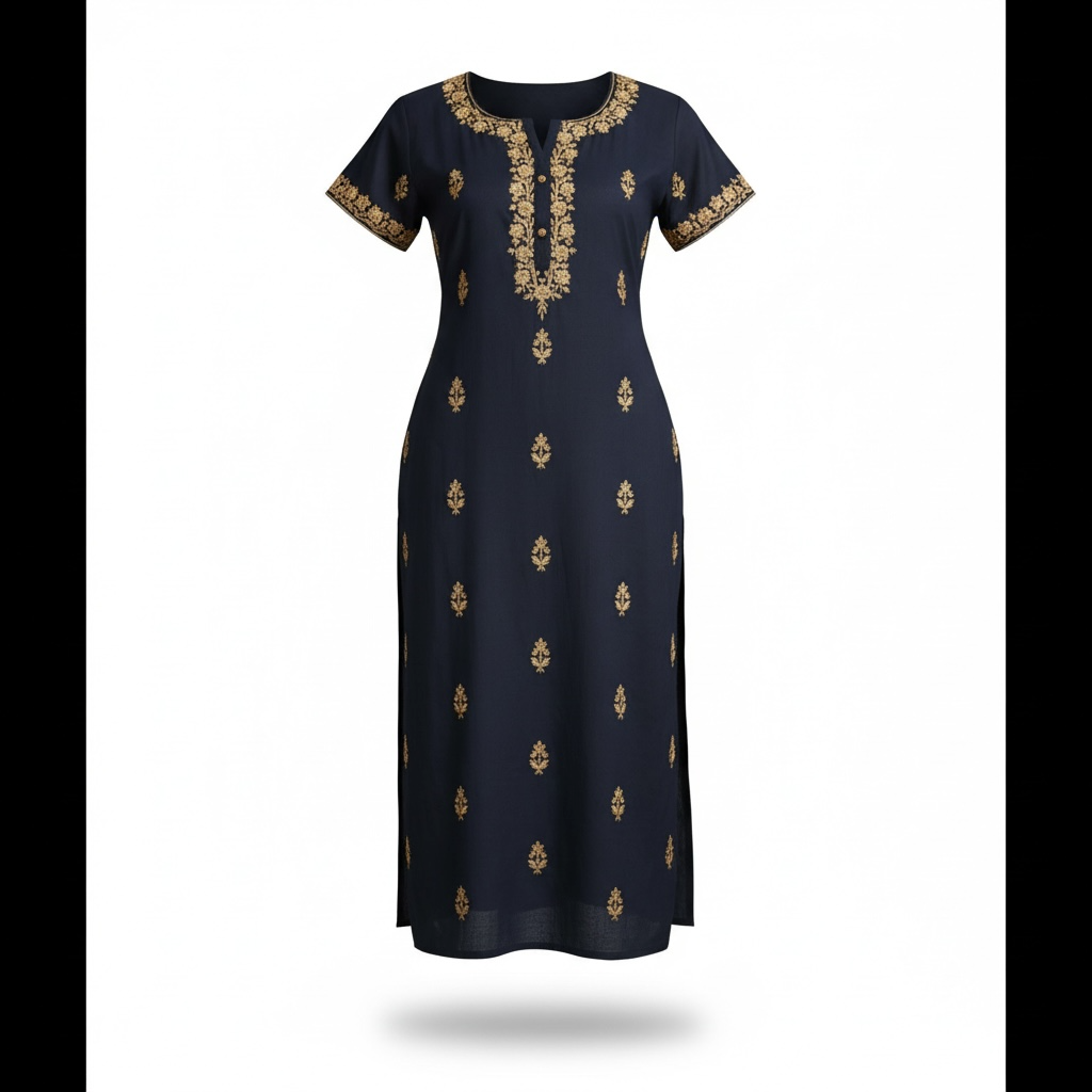 Navy Blue Embroidered Cotton Net Suit: Raw Silk Pants & Printed Dupatta - Israel 1