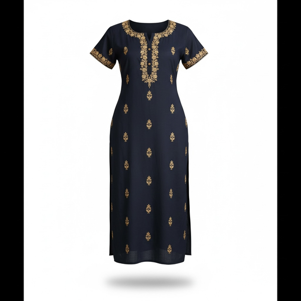 Navy Blue Embroidered Cotton Net Suit: Raw Silk Pants & Printed Dupatta - Israel