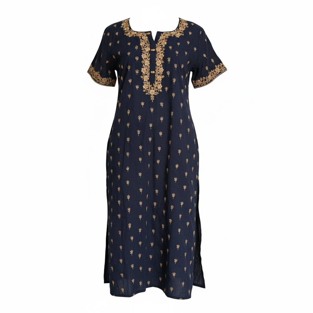 Navy Blue Embroidered Cotton Net Suit: Raw Silk Pants & Printed Dupatta - Israel 2
