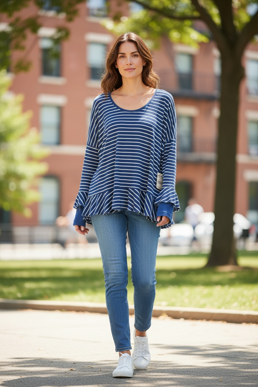 Free People We The Free Striped Sweater Ruffle Bell Sleeve Knit Top Blue White 1