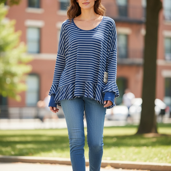 Free People We The Free Striped Sweater Ruffle Bell Sleeve Knit Top Blue White