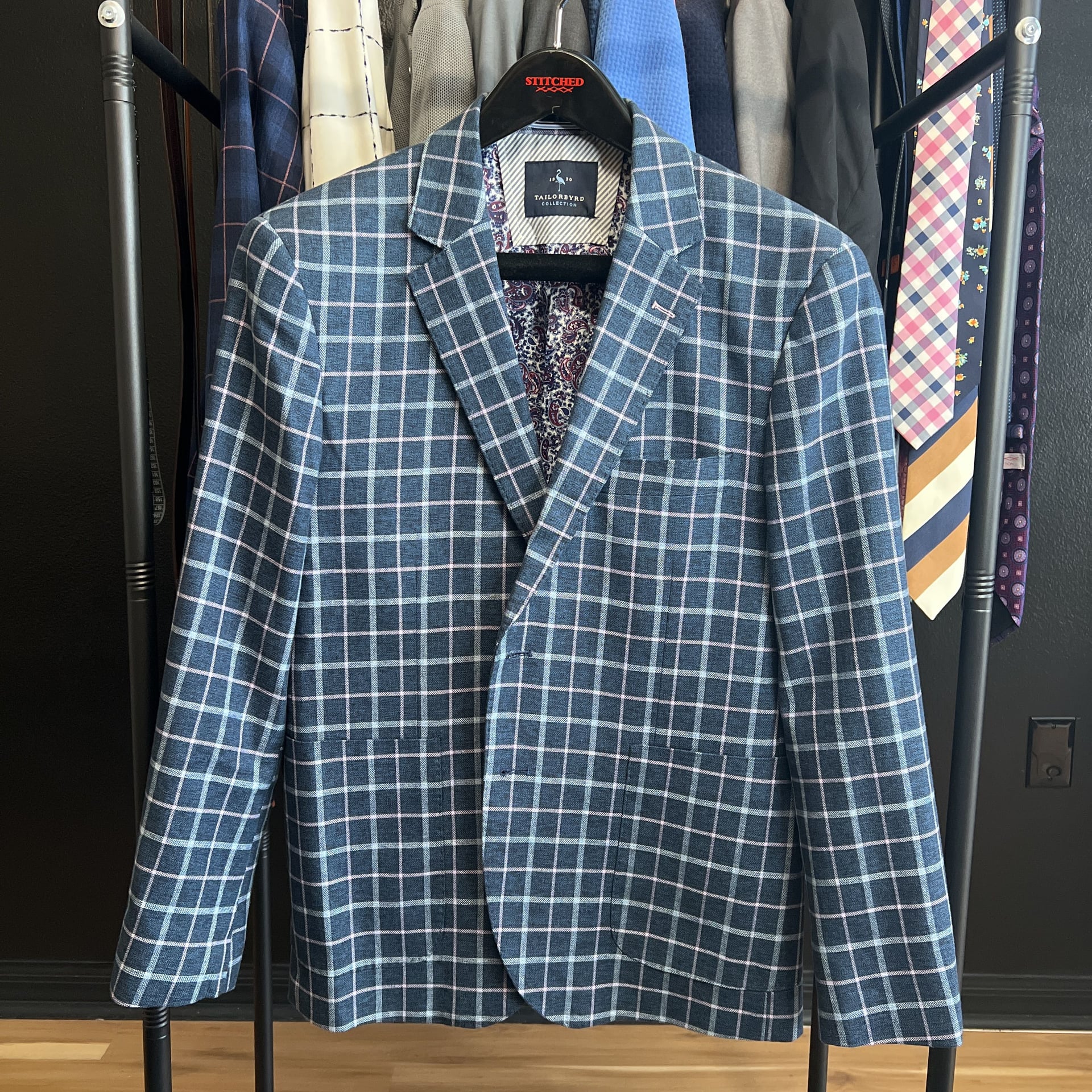 Tailorbyrd Men's Blue Windowpane Plaid Sport Coat Blazer 42S 1