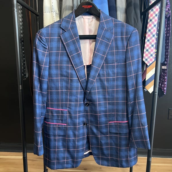 Custom Tailored by STITCHED in LV.  Blue Pink Plaid - 40S - Italian Fabric 