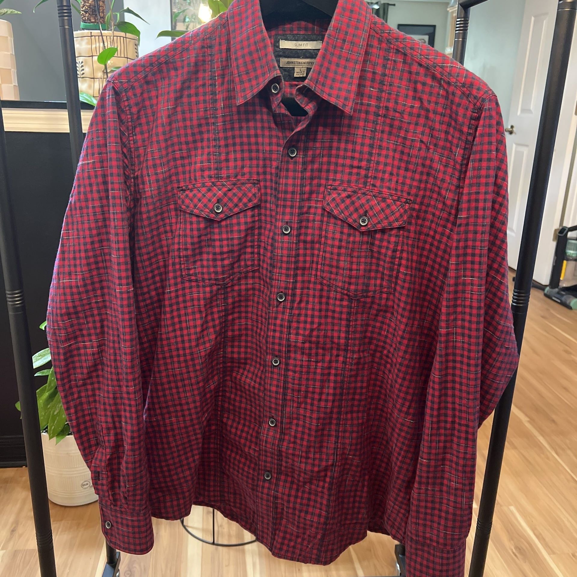Johnston & Murphy Men's Black & Red Check Button Up Shirt Large 1