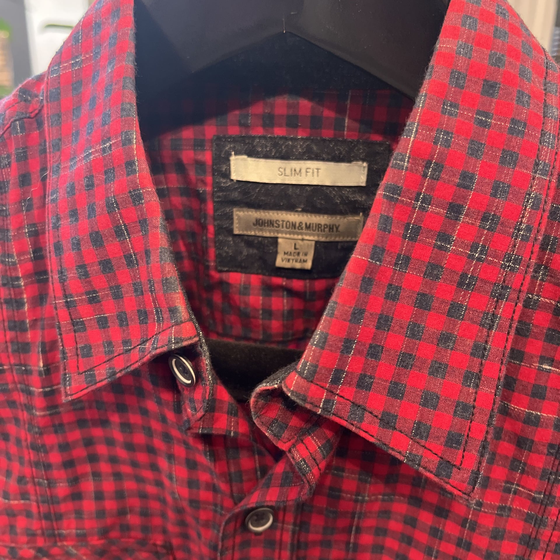 Johnston & Murphy Men's Black & Red Check Button Up Shirt Large 2