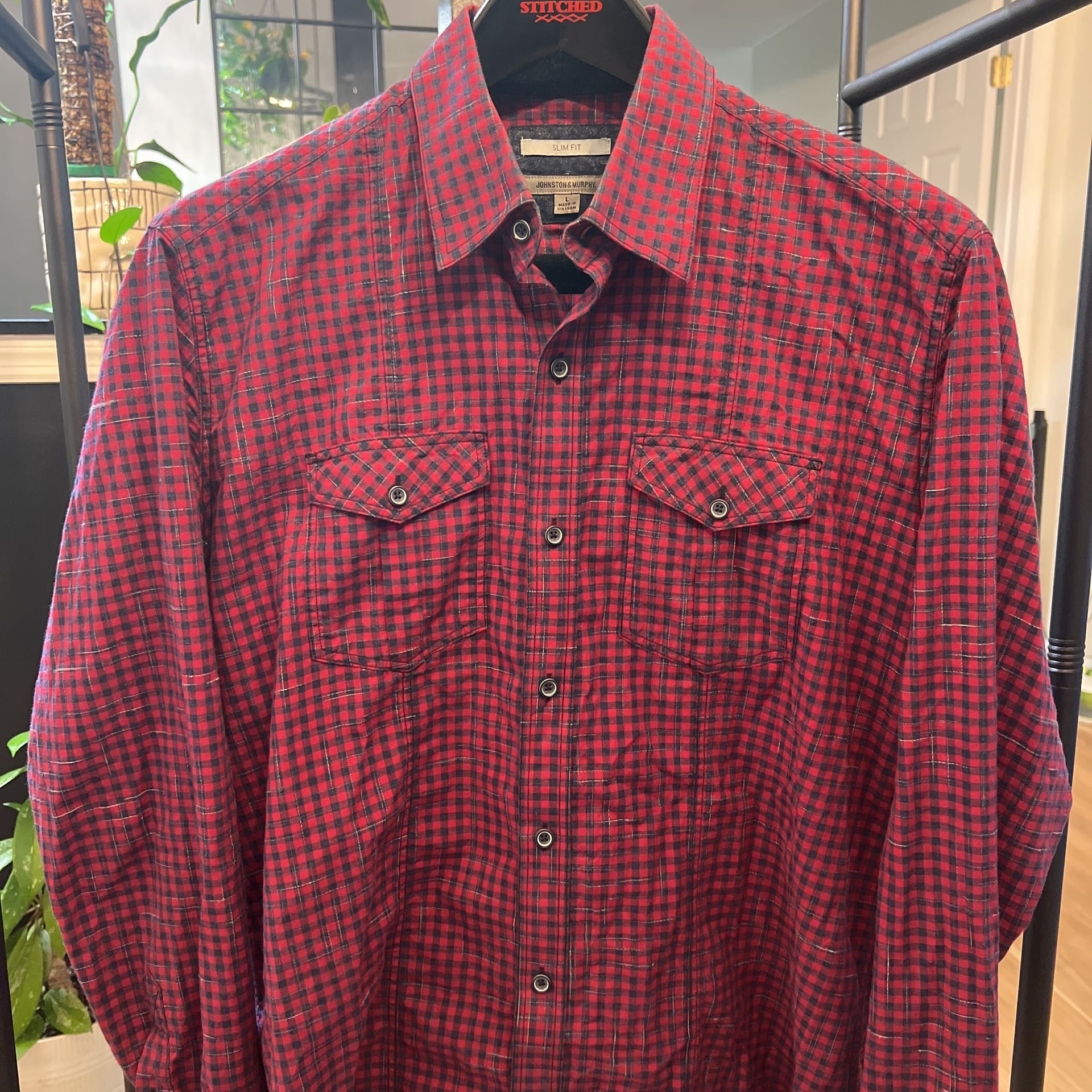 Johnston & Murphy Men's Black & Red Check Button Up Shirt Large 3