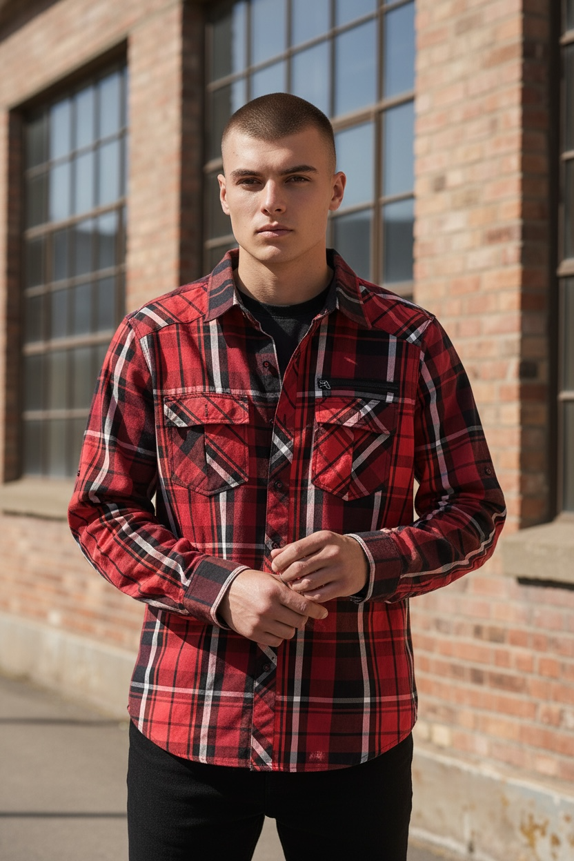 Eighty Eight Platinum Men's Red Black White Plaid Long Sleeve Button Up Shirt 1