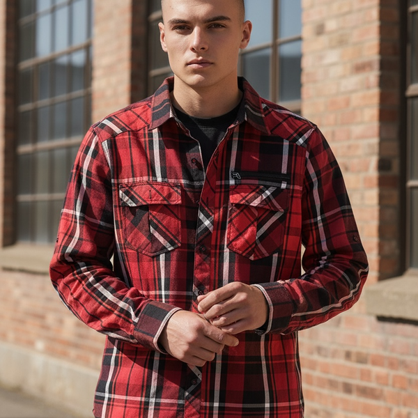 Eighty Eight Platinum Men's Red Black White Plaid Long Sleeve Button Up Shirt