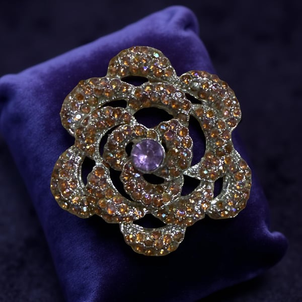 Vintage Rose Flower Rhinestone Brooch Pin Purple & Clear