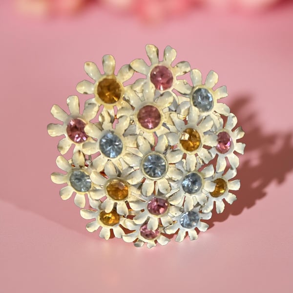 Vintage White Enamel Crystal Rhinestone Flower Brooch Colorful Spring Bouquet