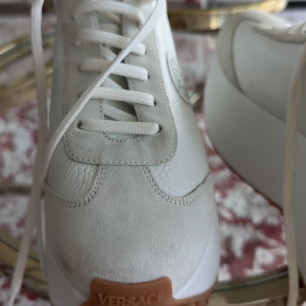 Versace White Leather and Suede Medusa Charm Detail Platform Sneakers Size 37.5 at ,