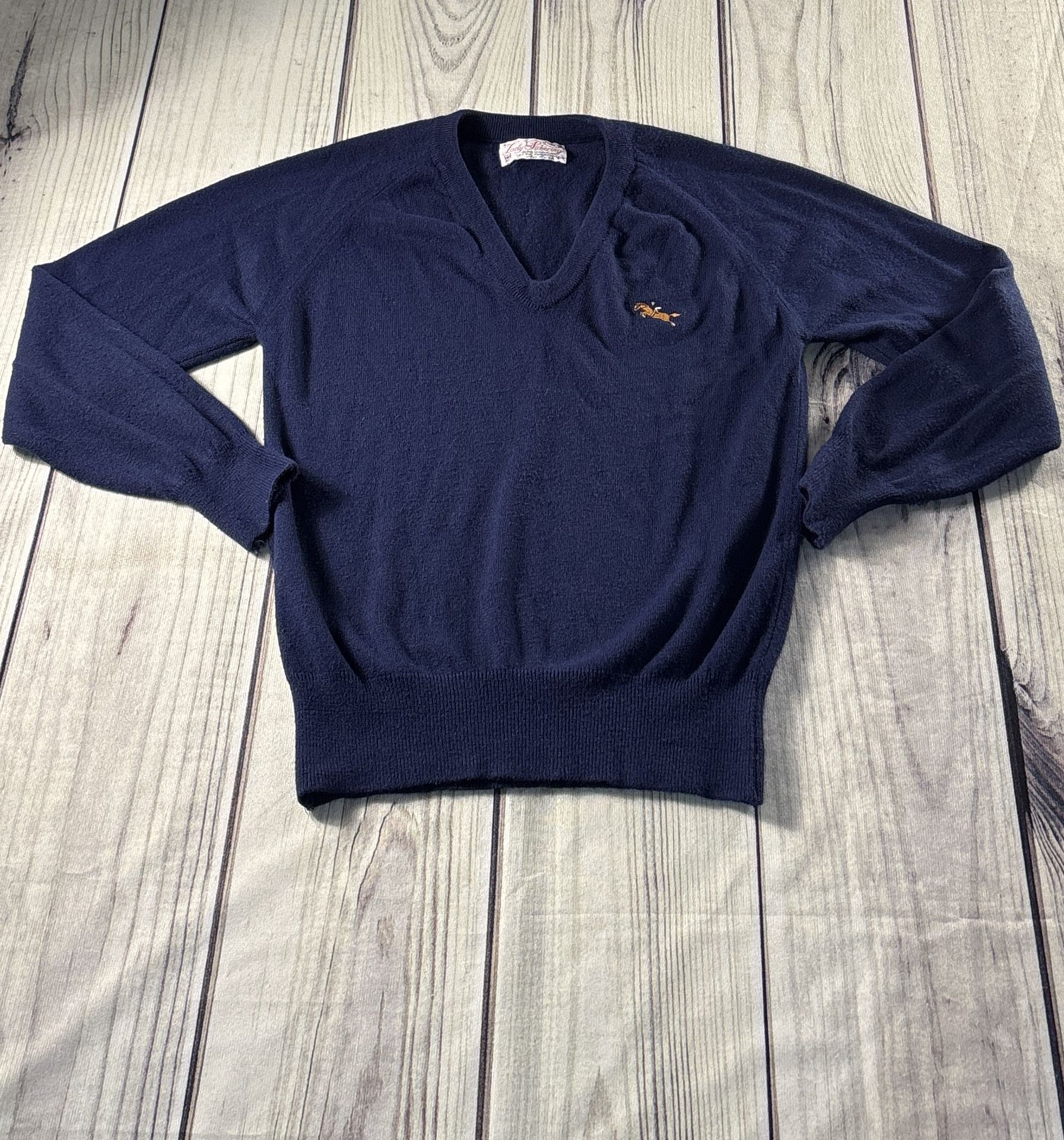 Vintage Lady Pickering V-Neck Horse Equestrian Sweater Size S Women’s Navy 1