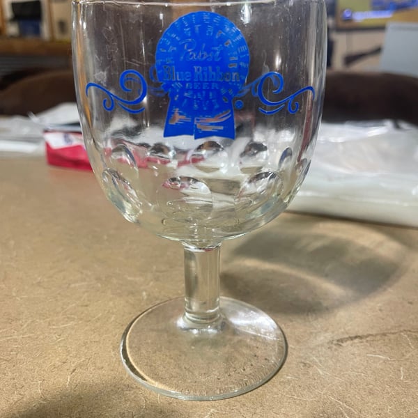 Vintage Pabst Blue Ribbon Beer Goblet Glass Dimpled Thumbprint