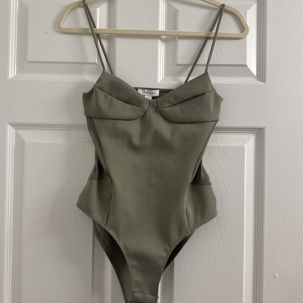New with Tags Topshop Khaki Green Corset Bodysuit with Mesh Cutouts