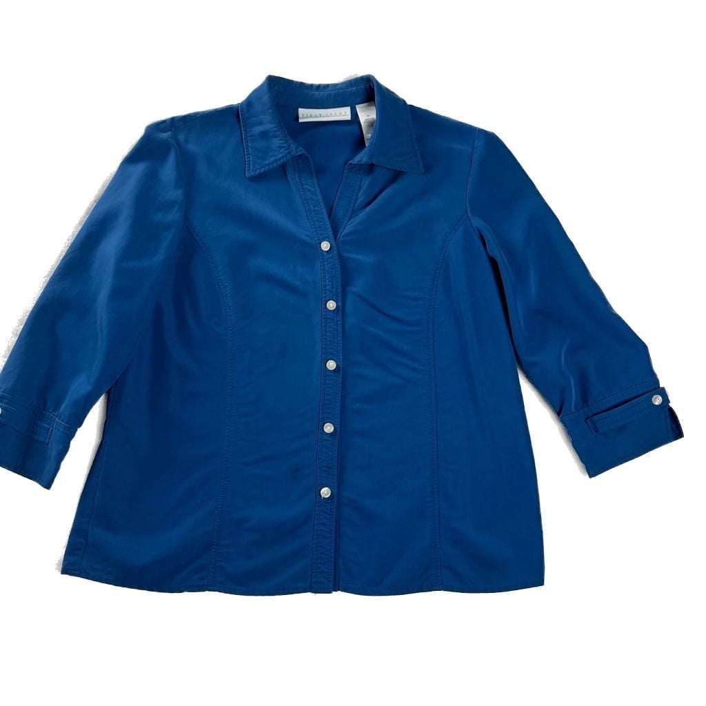First Issue Blue Button Front Blouse Rayon Blend Preppy Indie Size M 2