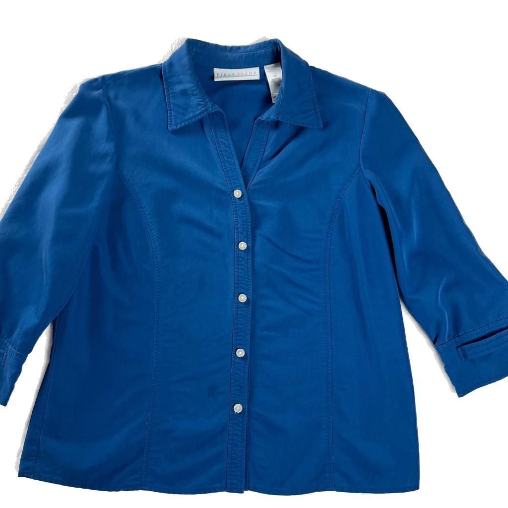 First Issue Blue Button Front Blouse Rayon Blend Preppy Indie Size M 3