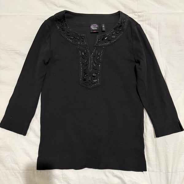 Rafaella Black 3/4 Sleeve Top with Black Beaded Embellished V-Neck