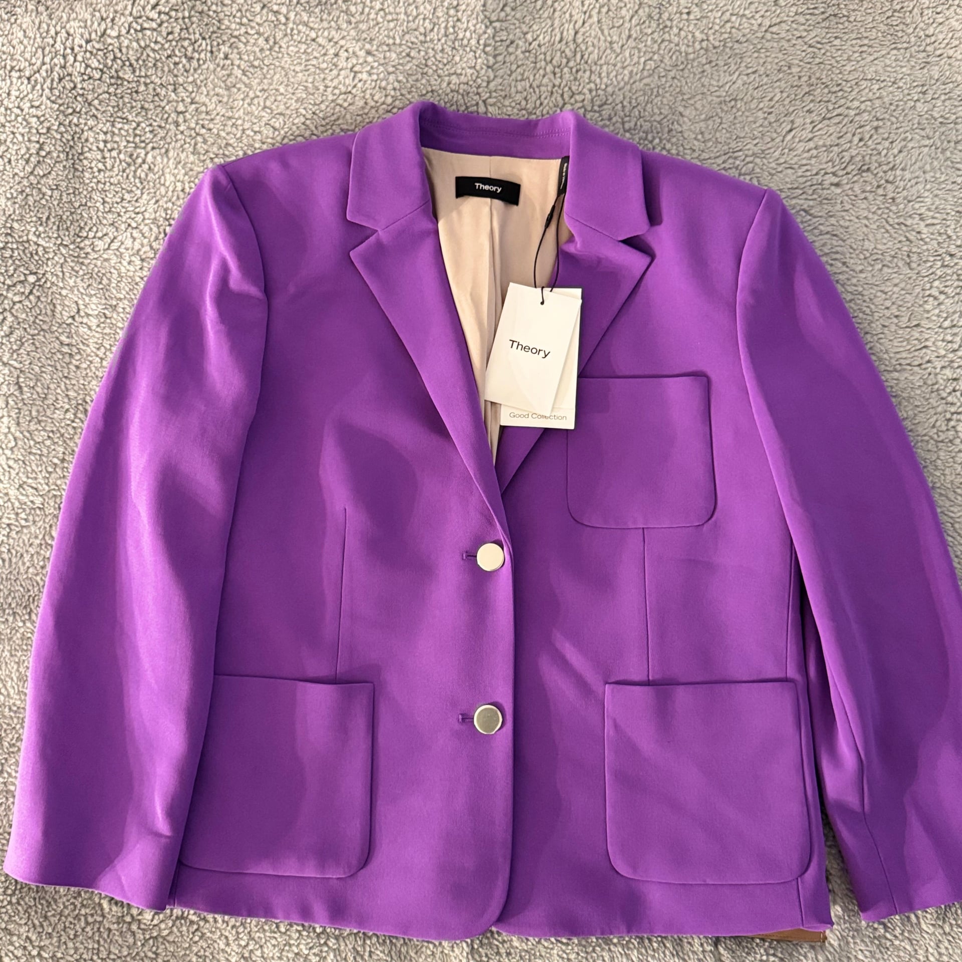 Theory Shrunken Single-Breasted Patch Pocket Blazer in Bright Peony 2