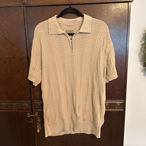 HB CableKnit Zip-Up Short-Sleeved Collar Knitwear (Tan) XL