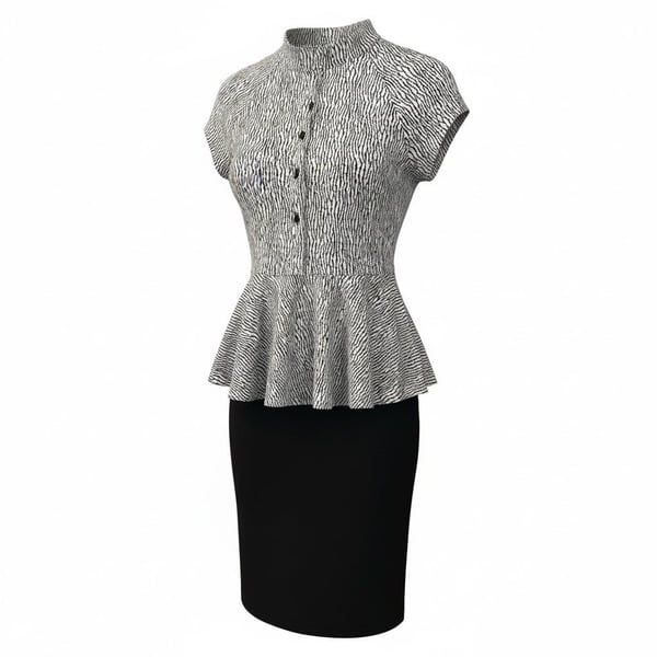Women's Peplum Mock Neck Pencil Dress - Black and White Professional Sheath