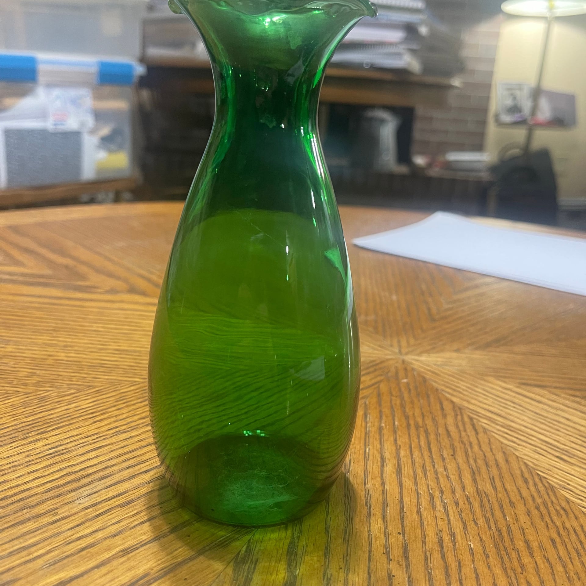 Vintage Anchor Hocking Forest Green Glass 6.5" Ruffled Crimped Top Vase 1