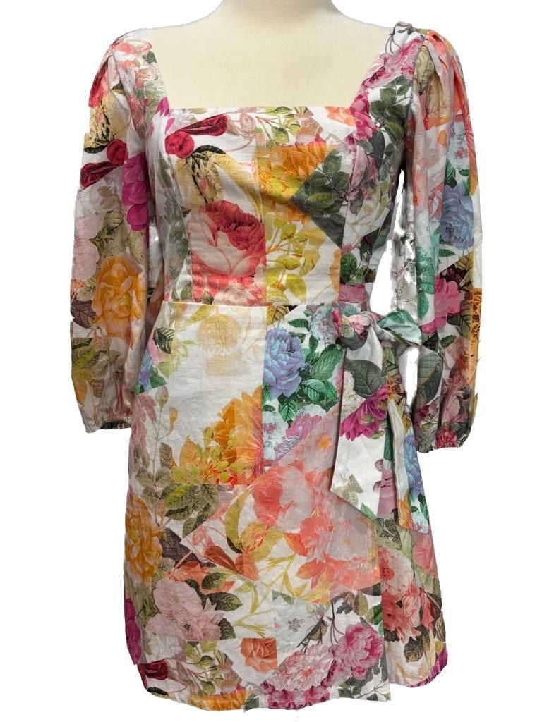 Vince Camuto Floral Print Boho Square Neck Wrap Mini Dress Linen blend Size 8 1