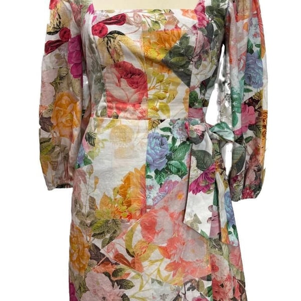 Vince Camuto Floral Print Boho Square Neck Wrap Mini Dress Linen blend Size 8