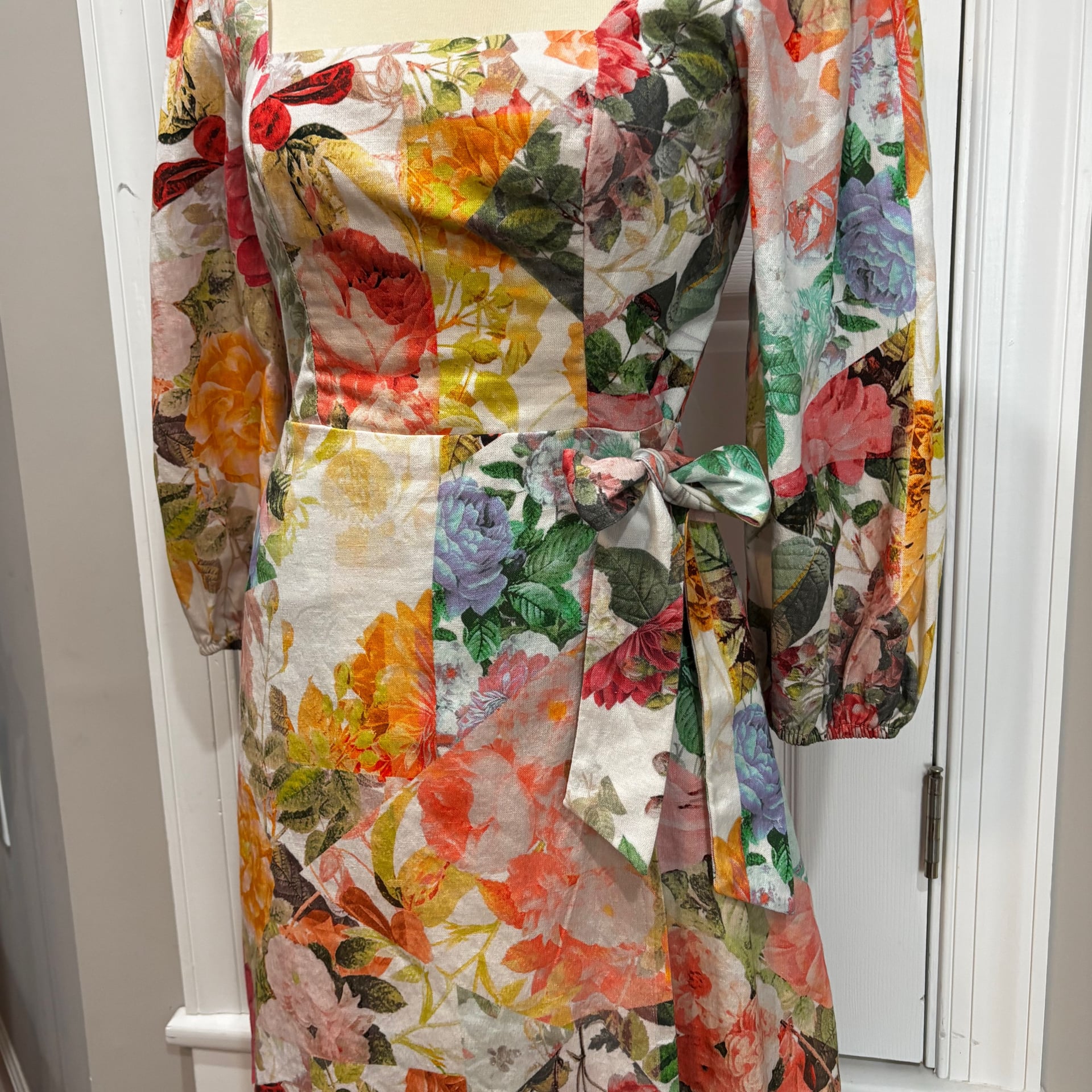 Vince Camuto Floral Print Boho Square Neck Wrap Mini Dress Linen blend Size 8 2