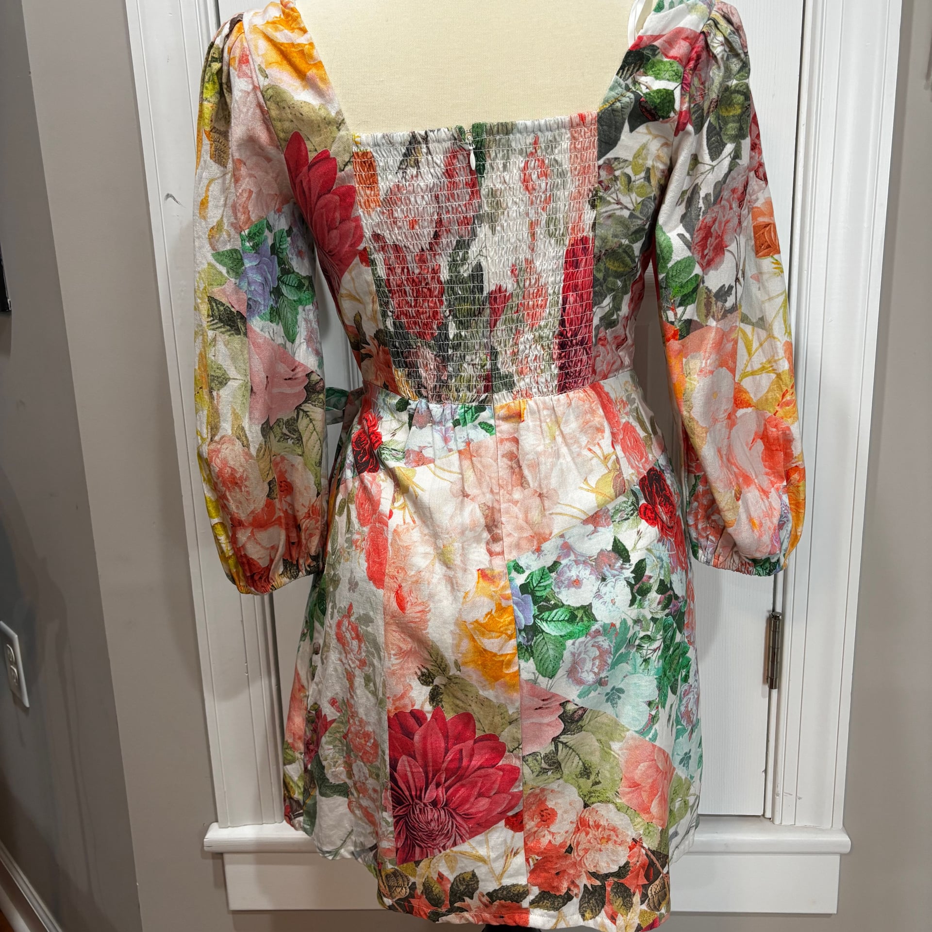 Vince Camuto Floral Print Boho Square Neck Wrap Mini Dress Linen blend Size 8 3