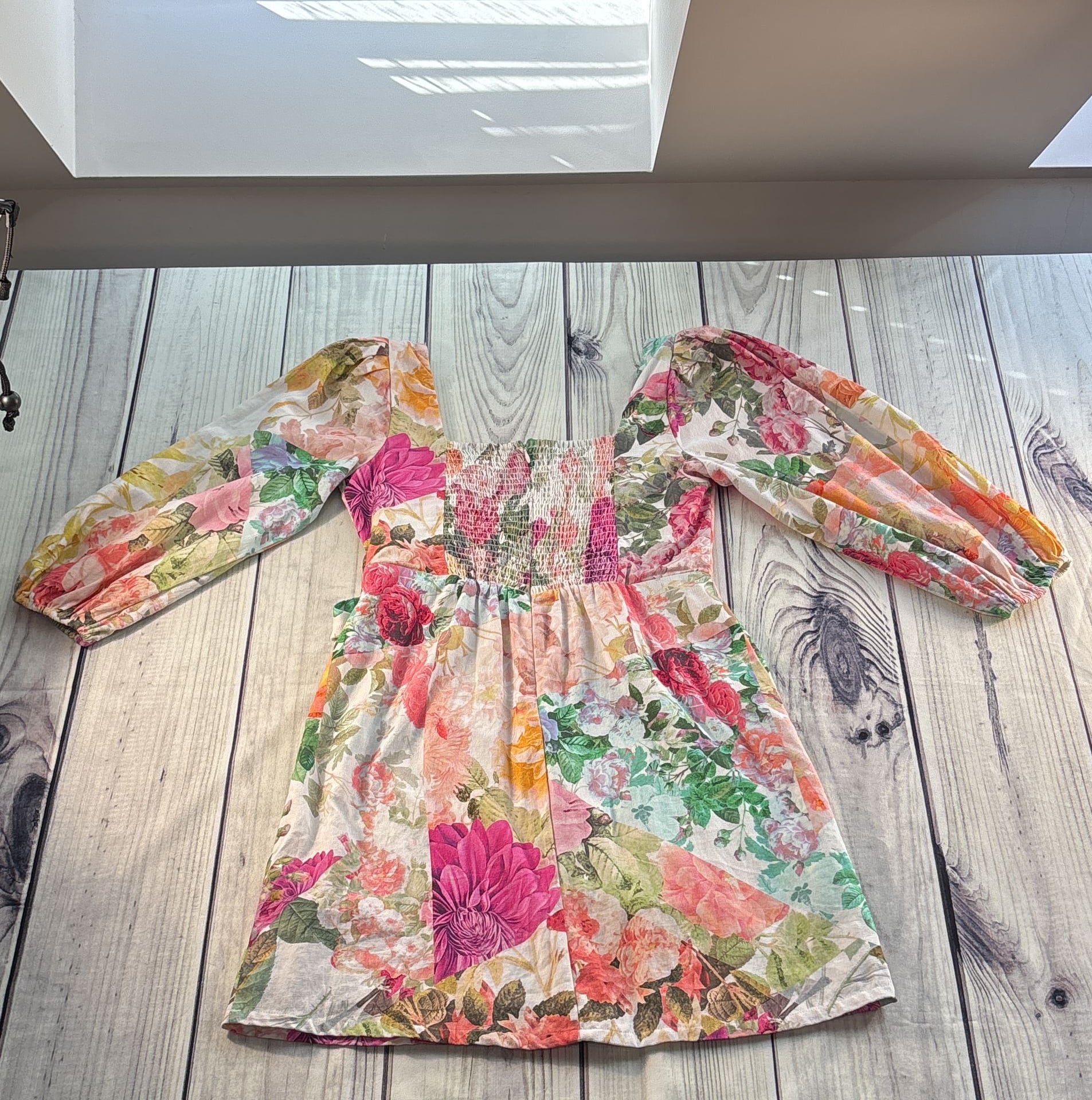 Vince Camuto Floral Print Boho Square Neck Wrap Mini Dress Linen blend Size 8 9