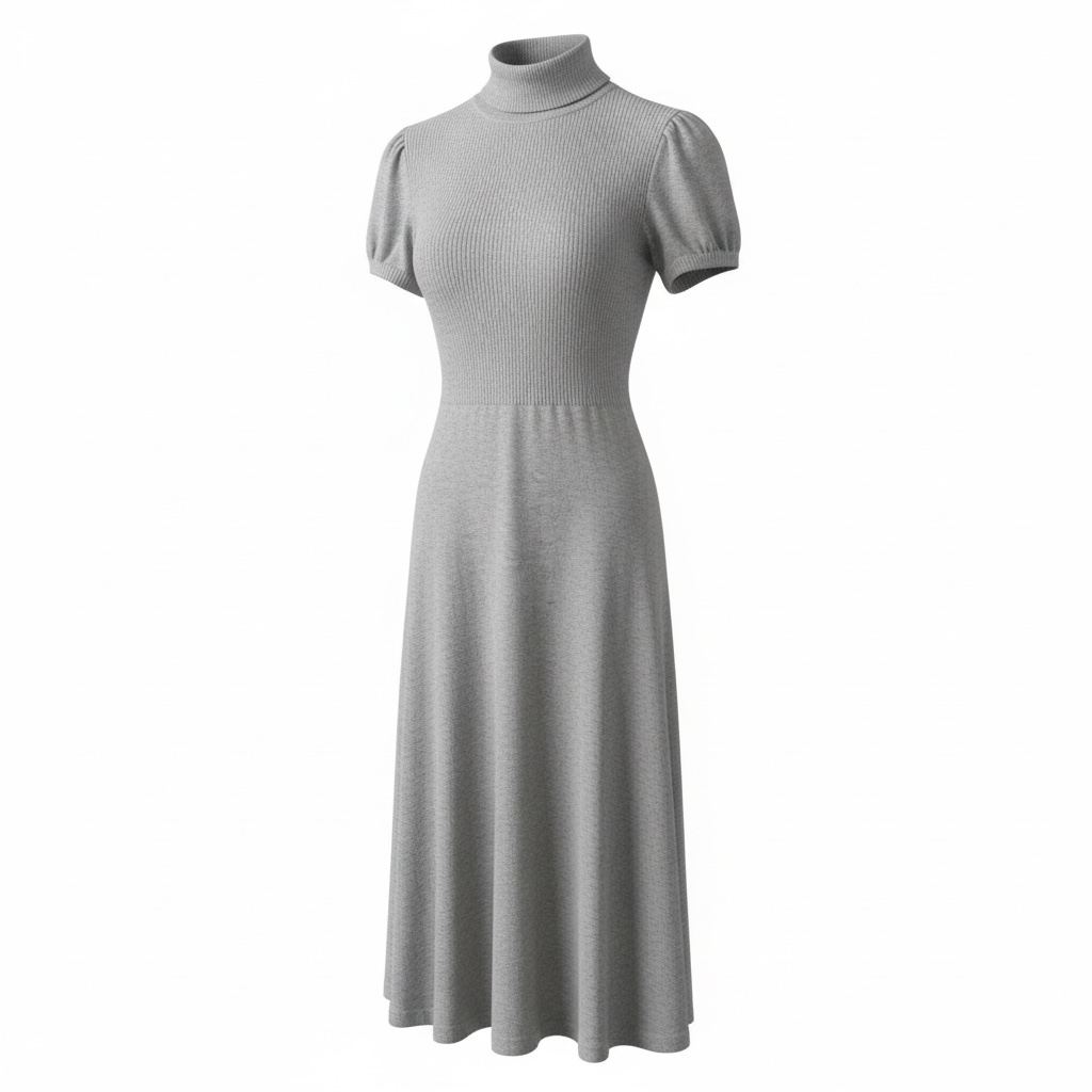 Zara Thick Knit Short Sleeve Turtleneck Midi Sweater Dress Grey 2