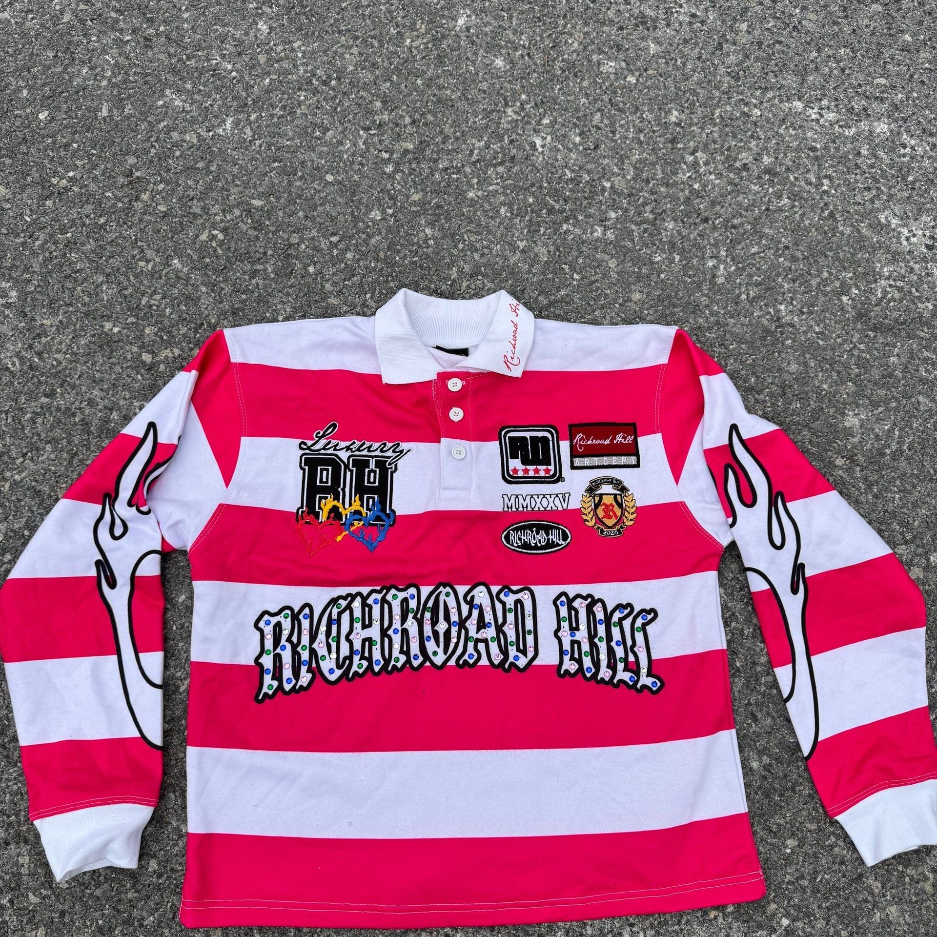 Richroad Hill Luxury Striped Rugby Shirt - Crystal Embellished Pink & White 2