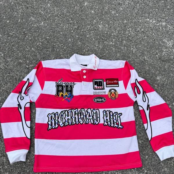Richroad Hill Luxury Striped Rugby Shirt - Crystal Embellished Pink & White