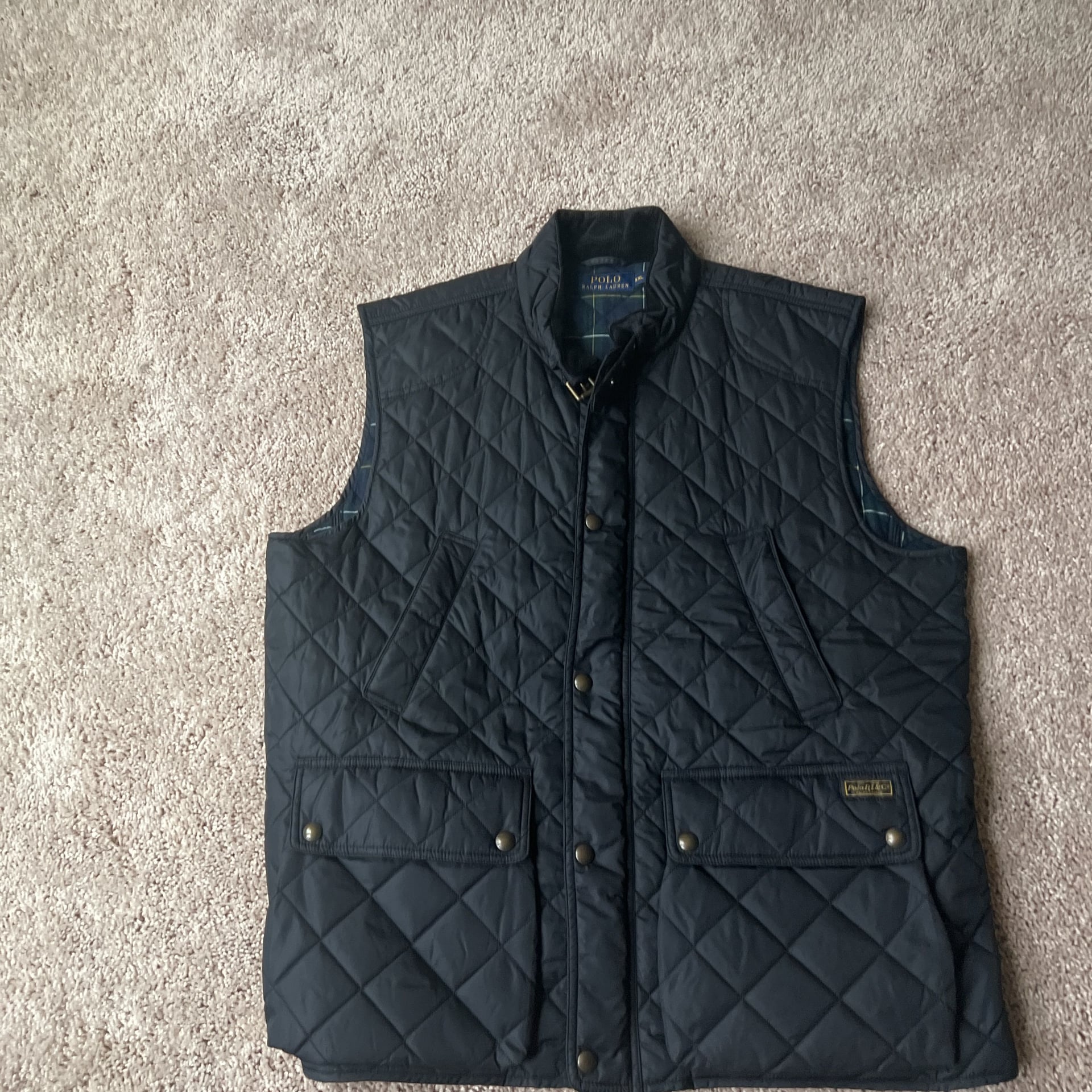 Polo Ralph Lauren Men's Black Diamond Quilted Vest with Corduroy Collar and Neck Buckle 1
