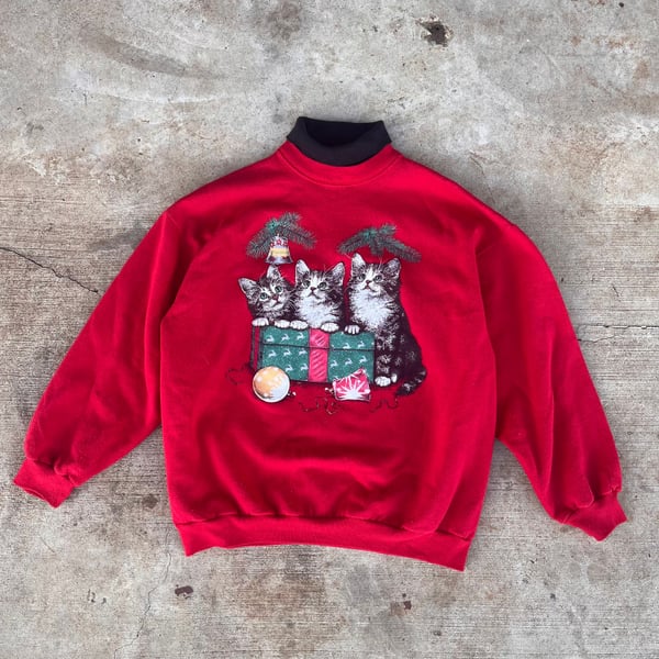 Vintage 90s Christmas Kittens Red Crewneck Sweatshirt
