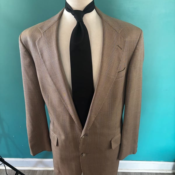 H. Oritsky Vintage Brown Houndstooth Silk & Wool Blend Sport Coat Blazer 44