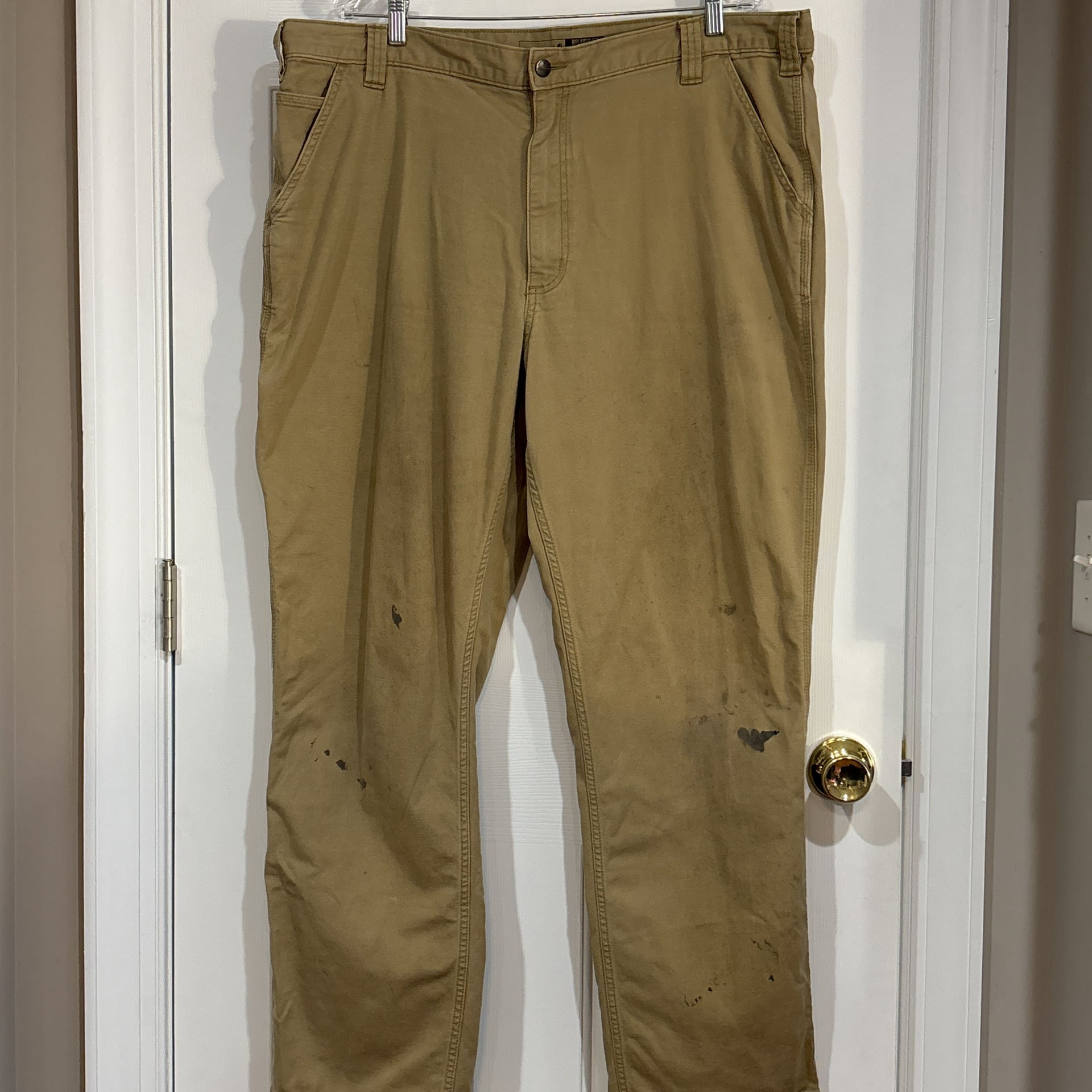Carhartt Relaxed Fit Canvas Work Pants Tan 42x34 Blue Collar Stained 1