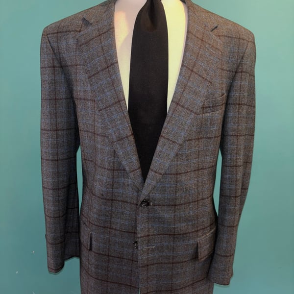 Hilton worsted wool Gray Plaid Wool Sport Coat Jacket 46