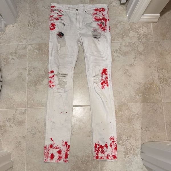 Rockstar Original Men's White Distressed Jeans with Red Blood Splatter Design
