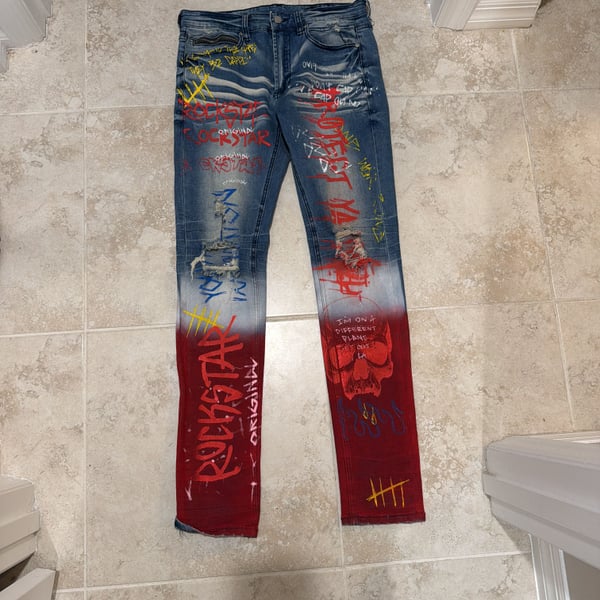 GFTD LA Men's Iris Skinny Fit Painted Skull Distressed Ripped Jeans rockstar origin