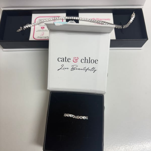 Cate & Chloe CZ Tennis Bracelet + CZ Ear Cuff Earring Silver Tone w/ Box