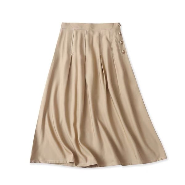 Women's Button Front High Waist Pleated A-Line Midi Skirt with Pockets