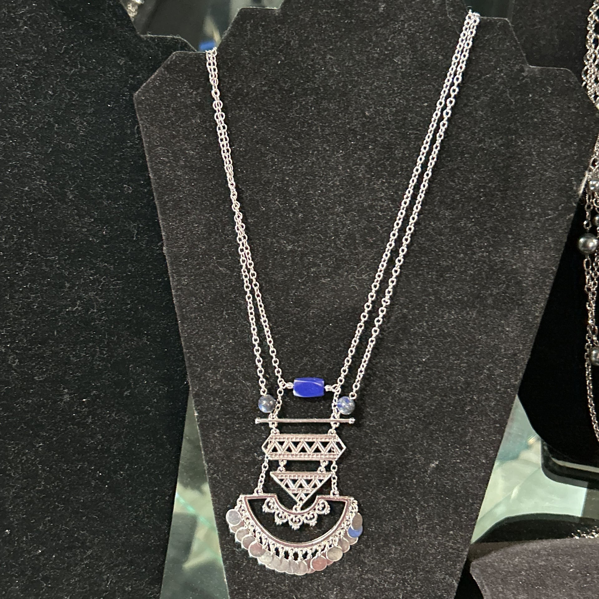 Vintage Silver Tone Mecca Key Amulet Necklace with Blue Glass Cabochons 2