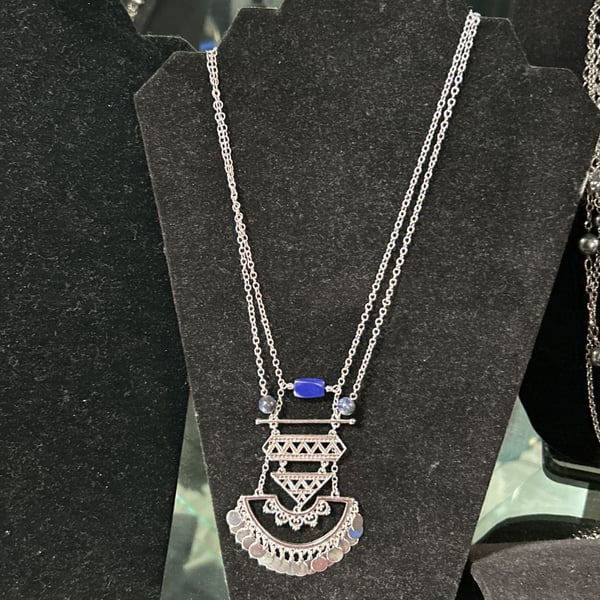 Vintage Silver Tone Mecca Key Amulet Necklace with Blue Glass Cabochons